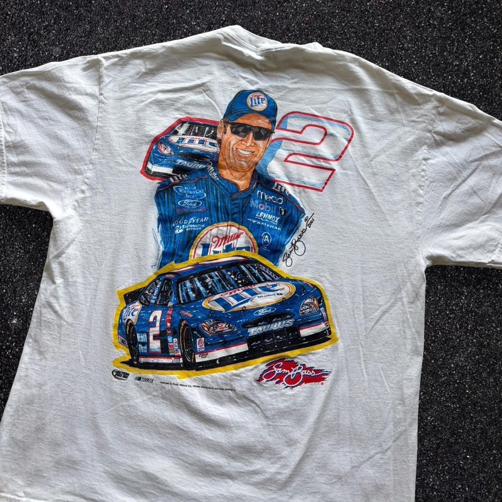 Vintage NASCAR Rusty Wallace Miller Lite T-Shirt White Sam Bass 2001 Large